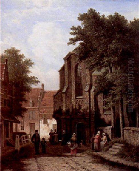 Figures In A Dutch Street Before A Church Oil Painting by Oene Romkes De Jongh