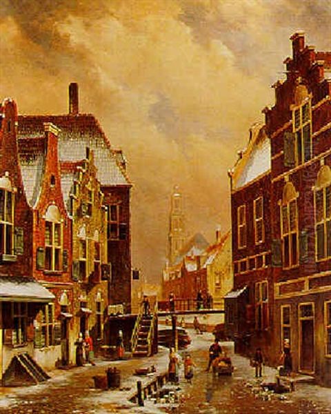 A Winterscene In A Dutch Town Oil Painting by Oene Romkes De Jongh