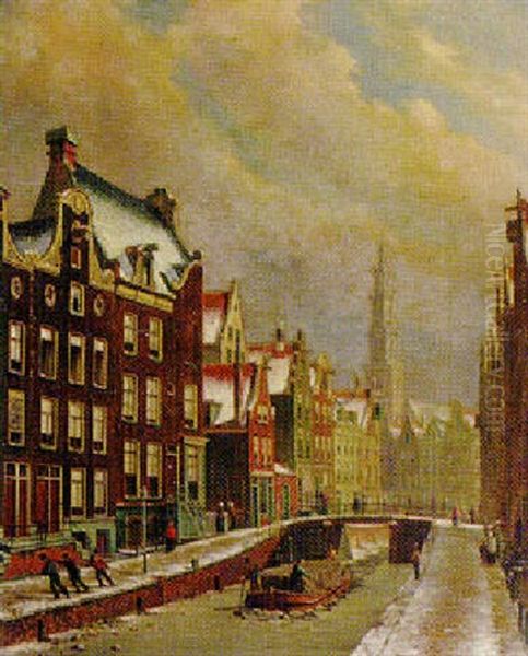 A Winter Scene In Amsterdam With The Zuiderkirk Oil Painting by Oene Romkes De Jongh