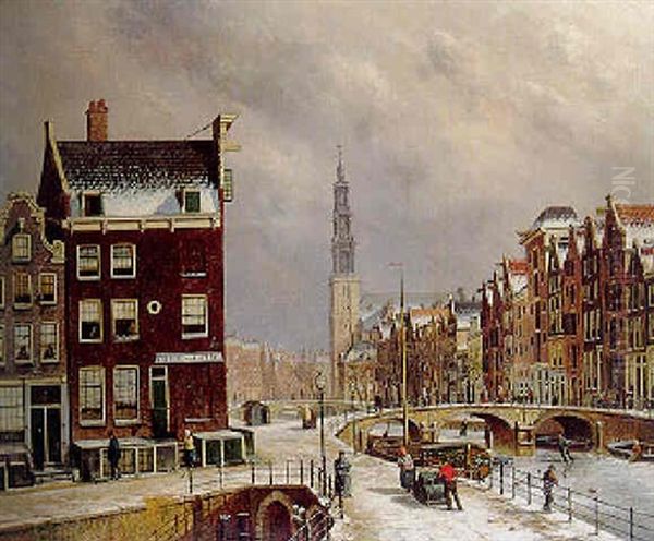 The Prinsengracht, Amsterdam, In Winter With The Westerkerk Beyond Oil Painting by Oene Romkes De Jongh