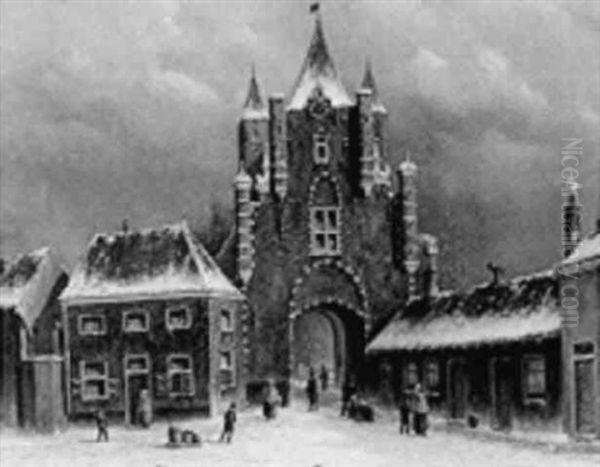 A Towngate In Zwolle In Winter Oil Painting by Oene Romkes De Jongh