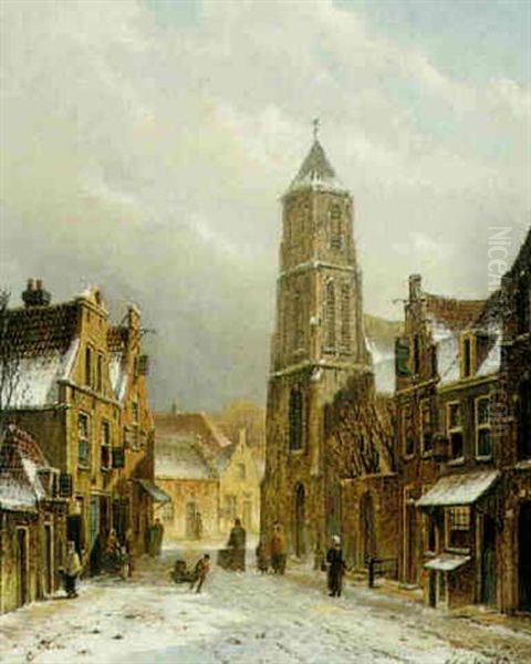 A Snowy Dutch Street Scene Oil Painting by Oene Romkes De Jongh