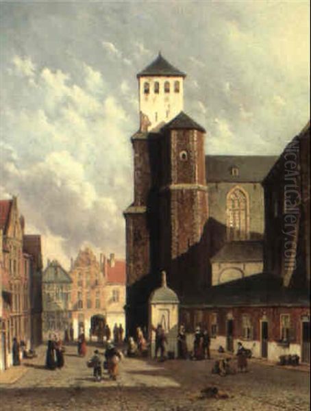 A Dutch Town Scene With Figures Outside A Church Oil Painting by Oene Romkes De Jongh