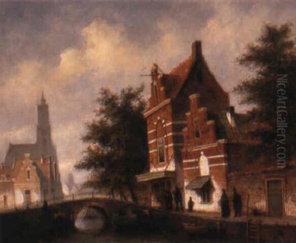 A Dutch Canal Town Oil Painting by Oene Romkes De Jongh