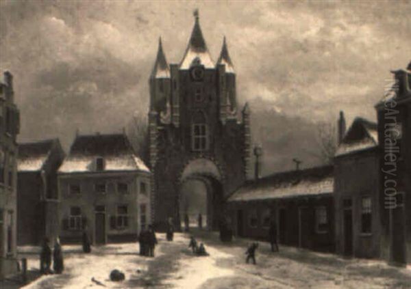 Wintry Afternoon In A Dutch Village Oil Painting by Oene Romkes De Jongh