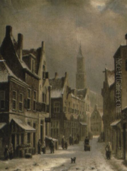 A Dutch Street Scene In Winter Oil Painting by Oene Romkes De Jongh