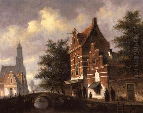 Stadt In Holland, Rechts Im Boot Oil Painting by Oene Romkes De Jongh