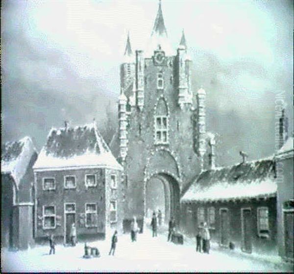 Winterliche Stadtansicht Mit Stadttor Oil Painting by Oene Romkes De Jongh