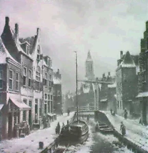 Figures In A Dutch Winter Townscape. Oil Painting by Oene Romkes De Jongh