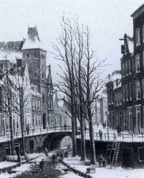 A Canal In Utrecht In Winter Oil Painting by Oene Romkes De Jongh