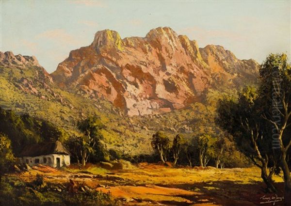 Farm Cottage And Mountains Oil Painting by Tinus de Jongh