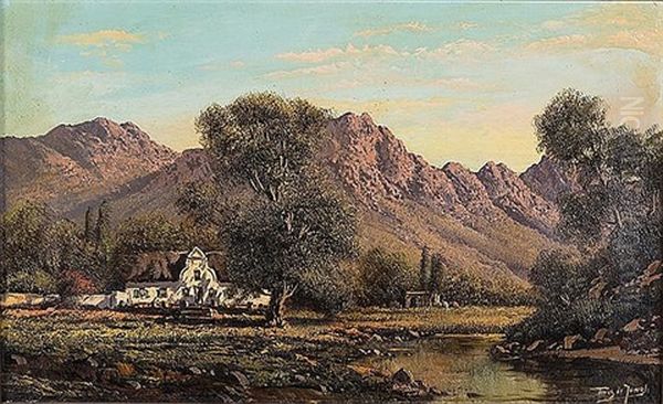 Cape Homestead In A Mountain Landscape Oil Painting by Tinus de Jongh