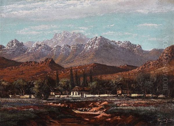 Cape Farmscape With Snow Capped Mountains Oil Painting by Tinus de Jongh