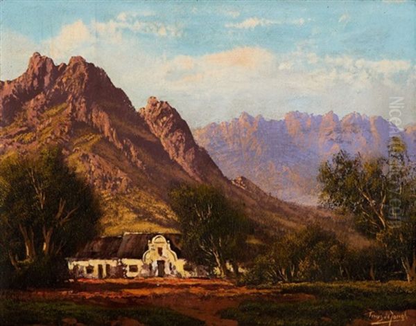 Cape Cottage In A Mountainous Landscape Oil Painting by Tinus de Jongh