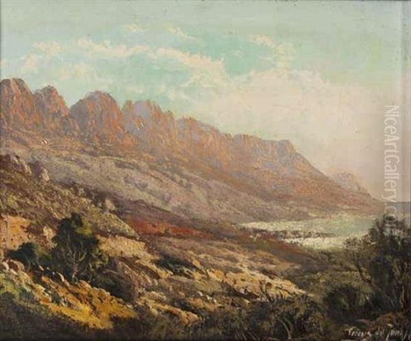 A View Of The Twelve Apostles From Camps Bay Oil Painting by Tinus de Jongh