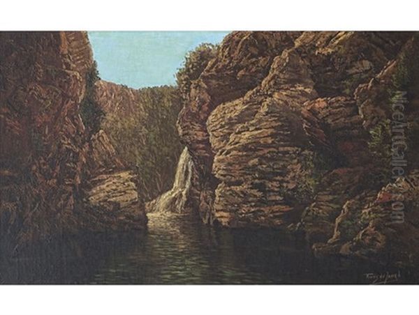 Kaaimans Gat Waterfall Oil Painting by Tinus de Jongh