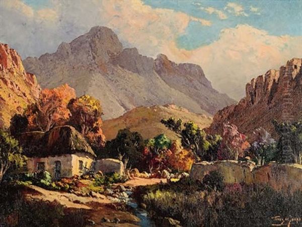 Farmhouse Between The Mountains, Cape Province Oil Painting by Tinus de Jongh