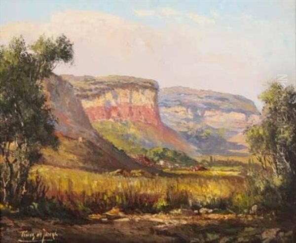 Red Mountains In An Extensive Landscape Oil Painting by Tinus de Jongh