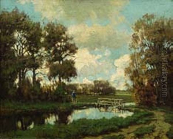 Figure By A Foot Bridge Oil Painting by Tinus de Jongh