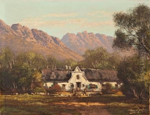 A Cape Cottage Beneath Mountains Oil Painting by Tinus de Jongh