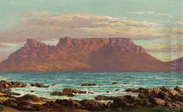 Table Mountain Viewed From Bloubergstrand Oil Painting by Tinus de Jongh