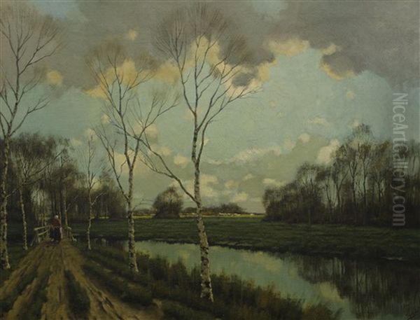 Woman Walking On A Dutch Canal Path Oil Painting by Tinus de Jongh