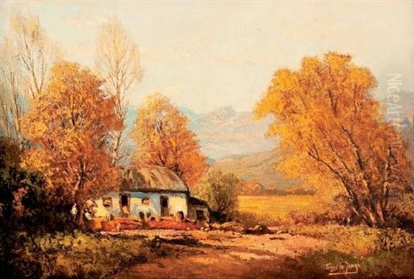 Thatched Cottage In A Mountainous Landscape Oil Painting by Tinus de Jongh