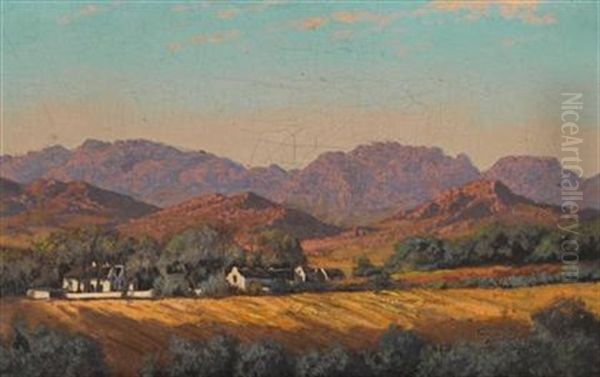 South African Landscape With White Buildings Oil Painting by Tinus de Jongh