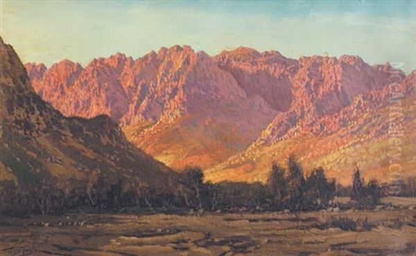 View Of Sunlit Mountains Across A River Oil Painting by Tinus de Jongh