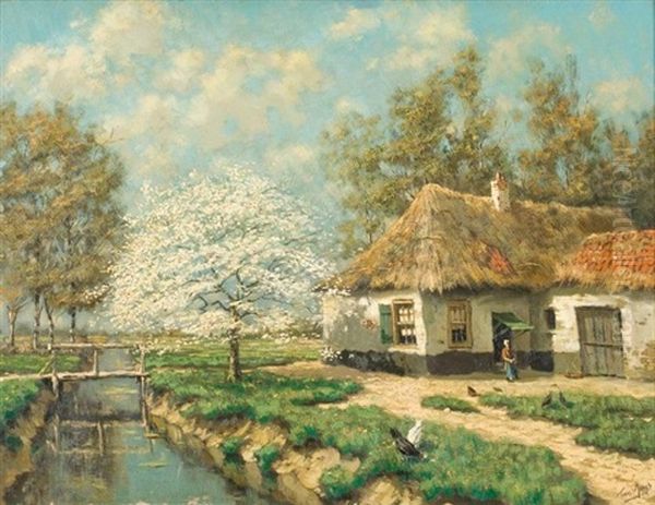 A Farmhouse Near A Canal In Spring Time Oil Painting by Tinus de Jongh