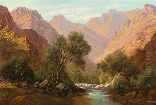 An Extensive Mountainous Landscape With A River Oil Painting by Tinus de Jongh