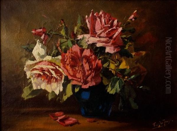 Roses In A Blue Vase Oil Painting by Tinus de Jongh