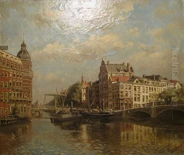 Barge In The Canal Oil Painting by Tinus de Jongh