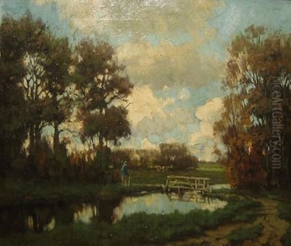 Figure By A Foot Bridge Oil Painting by Tinus de Jongh