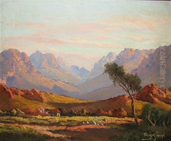 Cottage In A Vast Mountainous Landscape Oil Painting by Tinus de Jongh