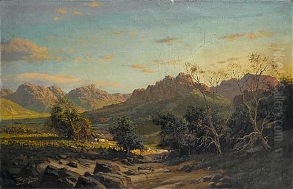 A Panoramic Cape Landscape At Sunset Oil Painting by Tinus de Jongh