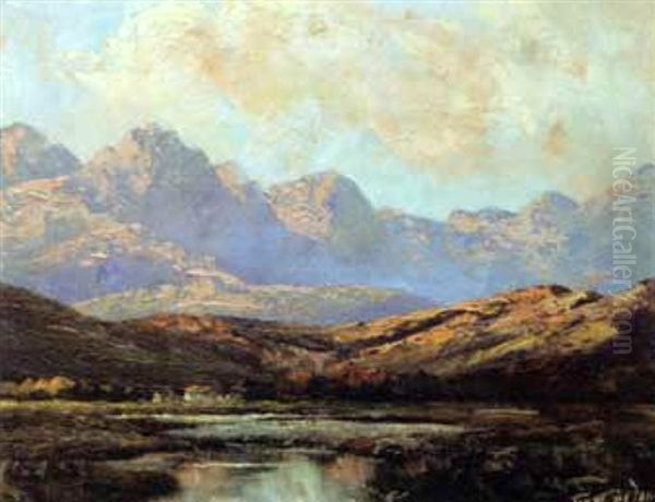 A House Beside A Vlei In A Mountainous Landscape Oil Painting by Tinus de Jongh