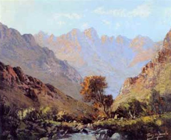 A Stream In A Mountainous Landscape Oil Painting by Tinus de Jongh