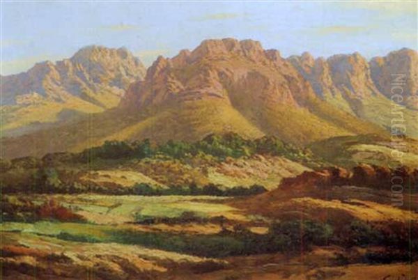 A Cape Mountainous Landscape Oil Painting by Tinus de Jongh