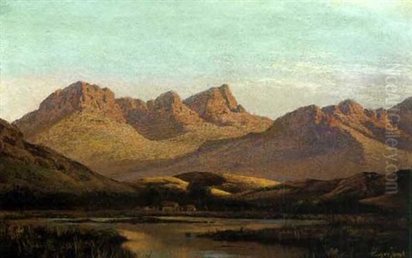 Cottages At A Lake Beneath The Mountains Oil Painting by Tinus de Jongh