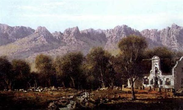 A Cape Homestead In A Mountainous Landscape Oil Painting by Tinus de Jongh