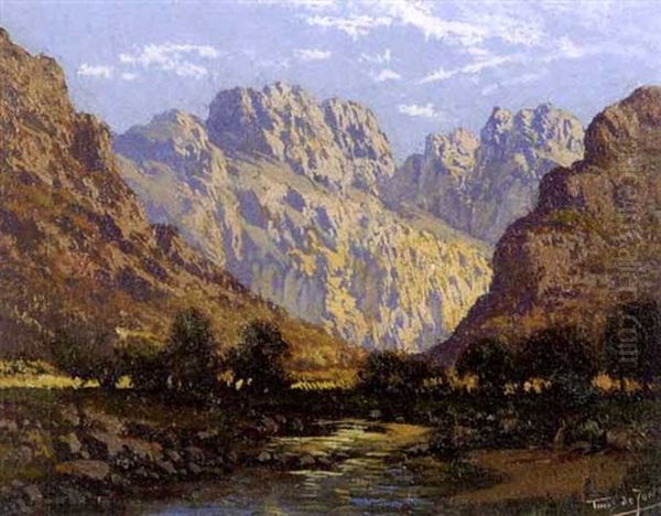 A Sunlit Mountain Kloof Oil Painting by Tinus de Jongh