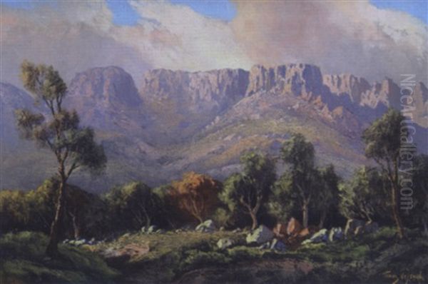 An Extensive Mountainous Landscape Oil Painting by Tinus de Jongh