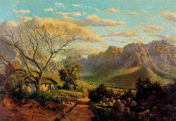 Mountainous Landscape With A House And Figure In The Sunlight Oil Painting by Tinus de Jongh