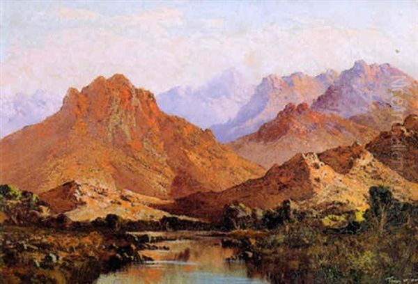 A Mountainous Landscape With A River Oil Painting by Tinus de Jongh