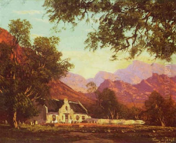 Homestead By Mountains At Sunset Oil Painting by Tinus de Jongh