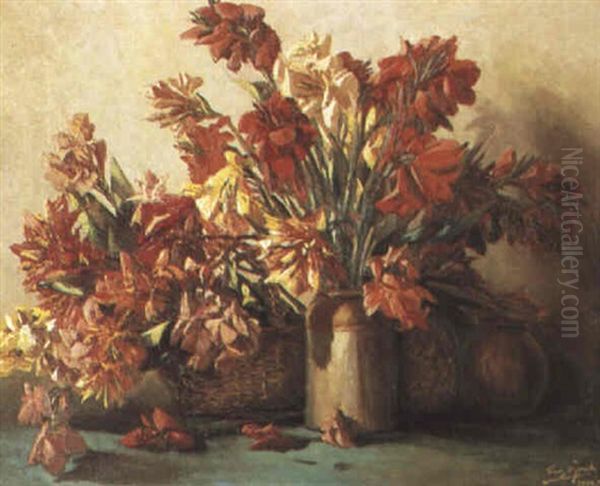 Still Life Of Cannas, Basket And Jar Oil Painting by Tinus de Jongh