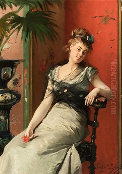 A Lady Sitting In An Interior Oil Painting by Gustave Leonhard de Jonghe