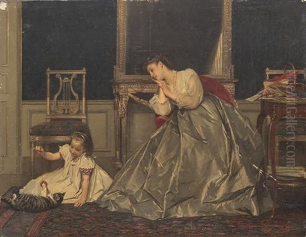 Mother And Child With Cat Oil Painting by Gustave Leonhard de Jonghe