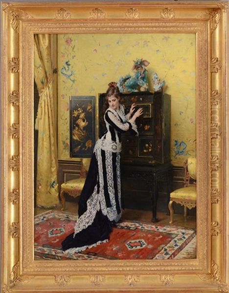 Elegant Lady Standing By A Chinese Cabinet Oil Painting by Gustave Leonhard de Jonghe